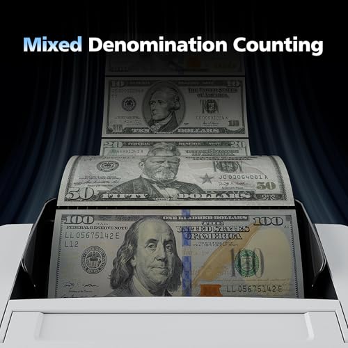 Mixed Denomination Money Counter & High-Security Counterfeit Detector (UV/MG/IR/DD) for USD/EUR/MXN/GBP/CAD, Dual-Display Cash Counting Machine, White