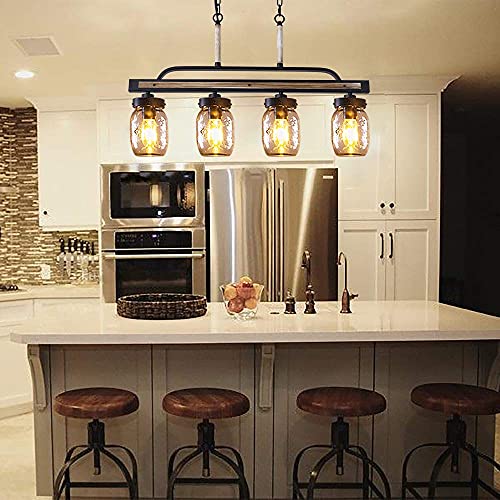 Wellmet Farmhouse Dining Room Chandelier, Black Mason Jar Chandelier Lighting Fixture for Kitchen Island, Dining Table, Rustic Linear Cluster Hanging Pendant Light, Faux Wood with Glass Shade