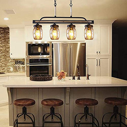 Wellmet Farmhouse Dining Room Chandelier, Black Mason Jar Chandelier Lighting Fixture for Kitchen Island, Dining Table, Rustic Linear Cluster Hanging Pendant Light, Faux Wood with Glass Shade