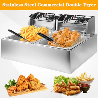 Commercial Electric Deep Fryer, 12L Dual Tank Stainless Steel Countertop Deep Fryer with 2 Baskets & Lids, 5000W Restaurant Deep Fryer with Independent Temperature Control for Restaurant Snack Bar