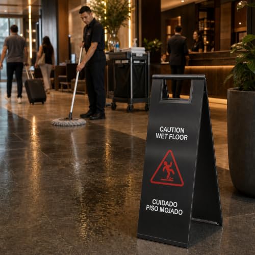 2 Pcs Stainless Steel Wet Floor Sign 24 Inch Caution Sign Black - color: Black