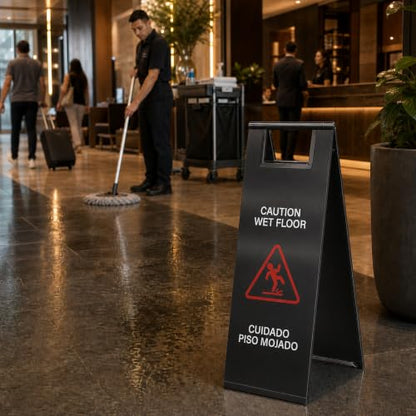 2 Pcs Stainless Steel Wet Floor Sign 24 Inch Caution Sign Black - color: Black