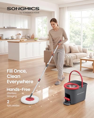 SONGMICS Spin Mop and Bucket Set with Pedal Wringer, 3 Microfiber Pads - color: Gray + Red, size: 3 Pads