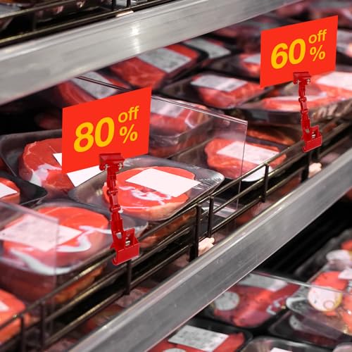 Honeydak Red 50 Pcs Sign Holder Clips Bulk for Grocery Retail Display Plastic Shelf Price Sign Clamps Double Sided Swivel Holder with Antislip Padding Rotatable Merchandising Clips for Store - color: Red