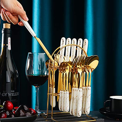 24-Piece Gilded Stainless Steel Flatware Set,Kitchen Utensil Tableware Cutlery Set Service for 6, Steak Cutlery Set for Home and Restaurant (White)… - color: White