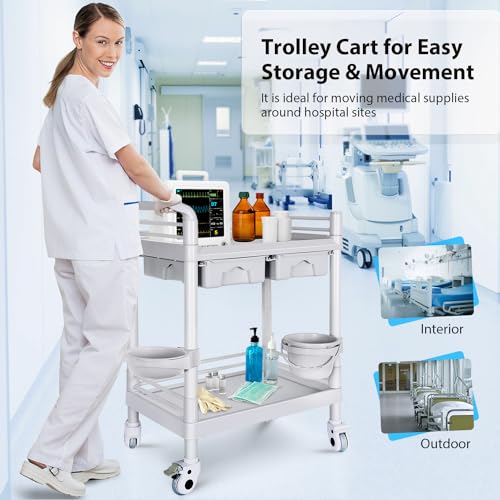 Medical Mobile Trolley Cart 2-Shelf 220 LBS Max Load Rolling Utility Cart - color: 2-tier Light Gray