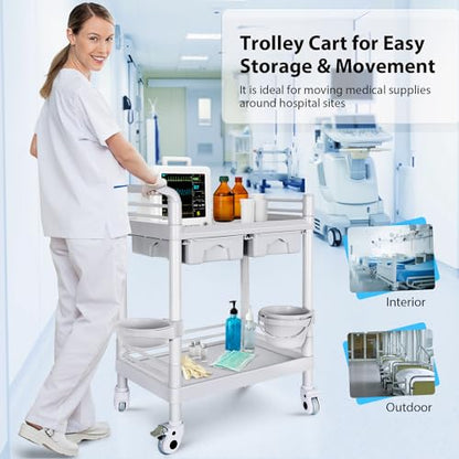 Medical Mobile Trolley Cart 2-Shelf 220 LBS Max Load Rolling Utility Cart - color: 2-tier Light Gray