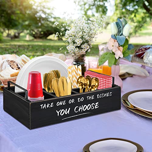 Ameuphercy Wood Paper Plate Dispenser, Paper Plate Holder with Large Cup Holder for Kitchen Counter, Rustic Silverware Utensil Caddy with Large Cup Holder, Utensil Holder for Kitchen Accessories - color: Black