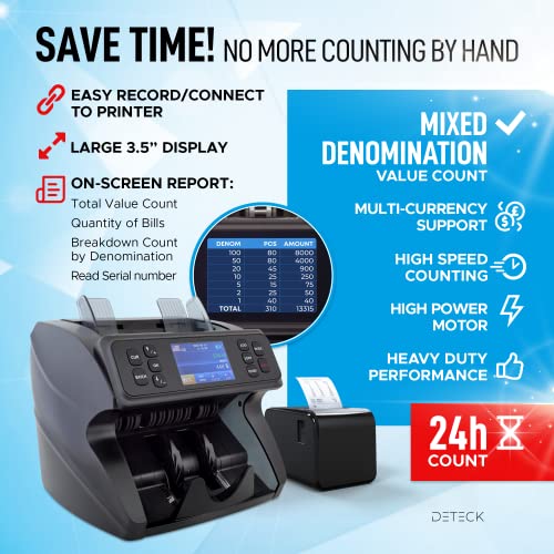 DETECK DETECK DT600 Bank Grade Money Counter Machine Mixed Denomination, Multi Currency Value Counting Money Machine, Serial Number, 2CIS/UV/IR/MG/MT Counterfeit Detection with DETECK DT40P Printer