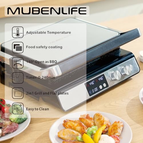 Panini Press,4 Slices Contact Grill with Removable Non-Stick Coated Grill and Flat Plates,Panini Makers with Temperature Control and Timer,Open 180 Degrees,Grill and Griddle (Silver with digital) - color: Silver with digital
