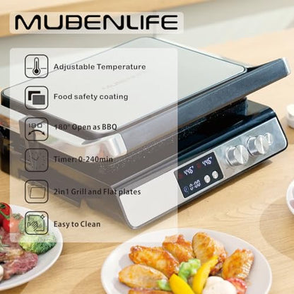 Panini Press,4 Slices Contact Grill with Removable Non-Stick Coated Grill and Flat Plates,Panini Makers with Temperature Control and Timer,Open 180 Degrees,Grill and Griddle (Silver with digital) - color: Silver with digital