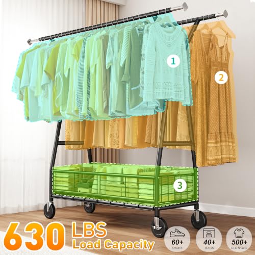 Raybee Clothes Rack, 630LBS Heavy Duty, Double Rods with Storage Basket - color: Black, style: Double Rods