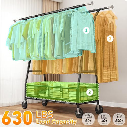 Raybee Clothes Rack, 630LBS Heavy Duty, Double Rods with Storage Basket - color: Black, style: Double Rods