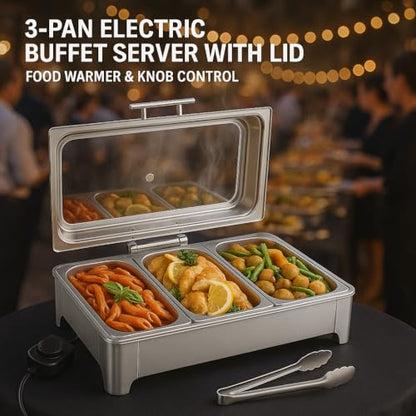 Electric Chafing Dish, 3 x 3QT Buffet Warmer with Glass Lids - size: 606-Triple Pan