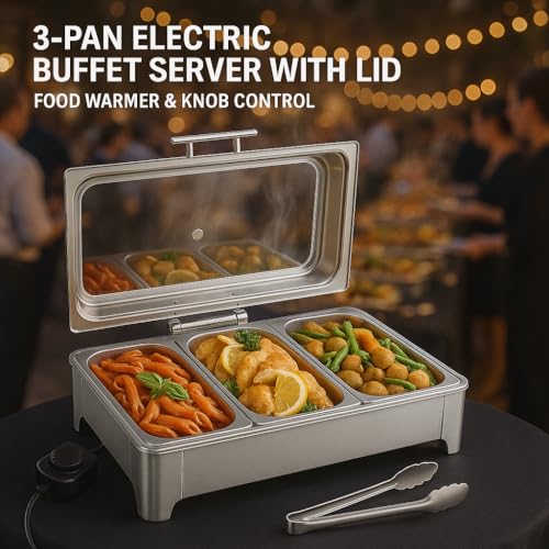 Electric Chafing Dish, 3 x 3QT Buffet Warmer with Glass Lids - size: 606-Triple Pan