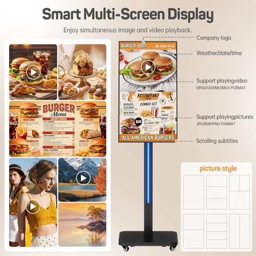32 Inch Digital Signage Display on Wheels, Portable LCD Touch Digital Kiosk with Adjustable Rolling Stand, Phone App Control Android 14 Advertising Display Poster,HDMI/USB (Non-TouchKiosk)