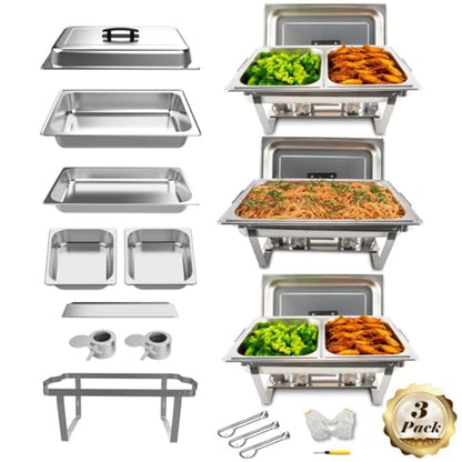 Festa Essential 3 Pack 8QT Rectangular Chafing Dish Buffet Set Stainless Steel Catering Chafers Food Warmer with Full,Half Food Pan,Fuel Holder,Foldable Frame For Weddings/Parties/Banquets Events - size: 1/1 pan*3, 1/2 pan*6