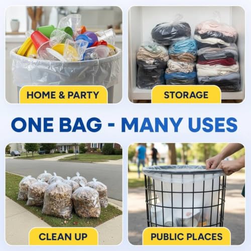 (100 Pack) Plexon 55-60 Gallon Clear Trash Bags - 32-55 gal, 38" x 58", 3 Mil Heavy Duty - Contractor Garbage Bags Rollout Round Square Trash Cans