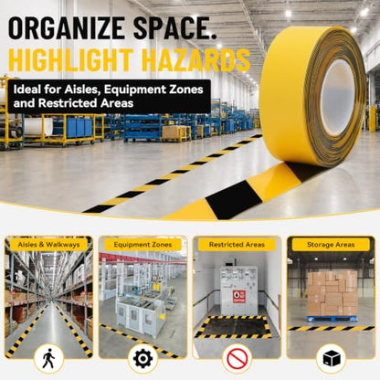 Heavy‑Duty Vinyl Floor Marking Tape Yellow Black 2 in x 33 FT 1.1mm Thick - size: 2 in x33 FT