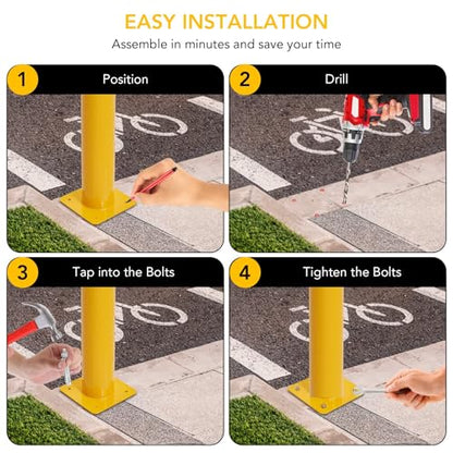 4-Pack 42 Inch Steel Safety Bollards, 4.5 Inch Diameter Parking Bollard Post with 16 Anchor Bolts, Yellow Safety Steel Bollard Post for Driveway Barrier, Traffic Control & Storefront Protection - size: 42 Inch
