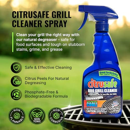 Citrusafe BBQ Grill Cleaner Spray for Outdoor Grill 16 OZ – Safe Heavy Duty Cleaner for Burnt Food & Grease – Degreases & Cleans Grates, Racks, Pellet, Ovens, Flat Top Grills, and Electric Smokers