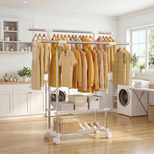 RORA Clothes Rack, Double Rod Rolling Clothing Racks for Hanging Clothes