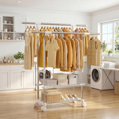 RORA Clothes Rack, Double Rod Rolling Clothing Racks for Hanging Clothes