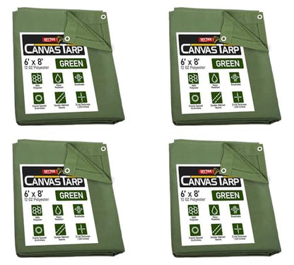 (4 Pack) 6' x 8' Green Canvas Tarp 12oz Heavy Duty Water Resistant - color: Green (4 Pcs), size: 6' x 8'