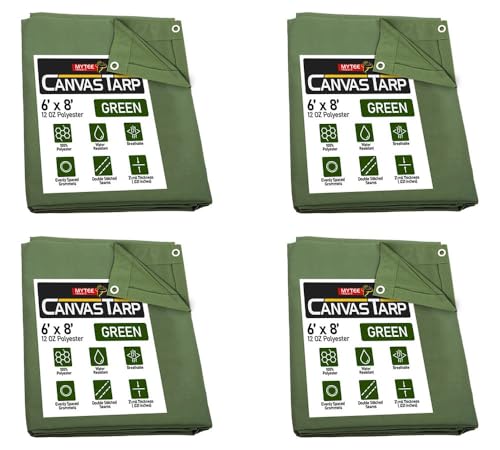 (4 Pack) 6' x 8' Green Canvas Tarp 12oz Heavy Duty Water Resistant - color: Green (4 Pcs), size: 6' x 8'