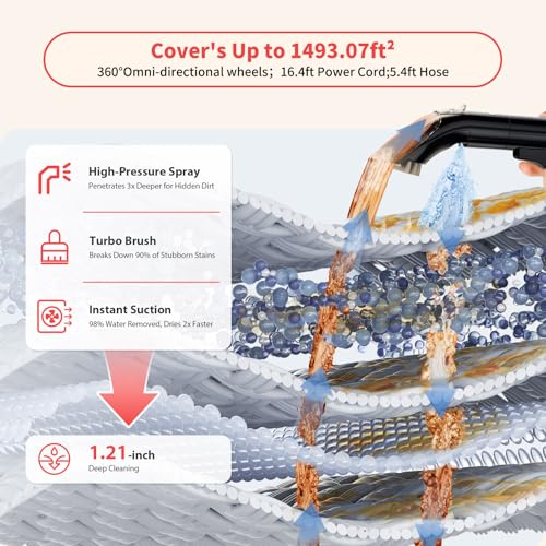 Upholstery Carpet Cleaner, MUJERBAY UltraHeat 12Kpa Portable Spot & Stain, Move with Universal Wheels & Handle, 1.18-inch Deep Cleaning Machine for Couch, Stairs, Car & Pet Messes.
