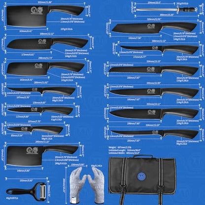 XYJ Knives,Professional Knife Sets for Master Chefs - color: Full Black, size: 15 in 1