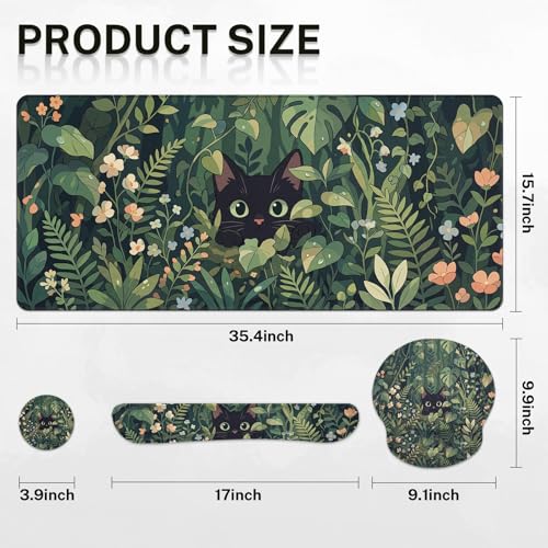 Britimes Keyboard Mouse Pad Set, 4 in 1 Desk Mat Set, Black Cat Cute - color: Cat in the Grass
