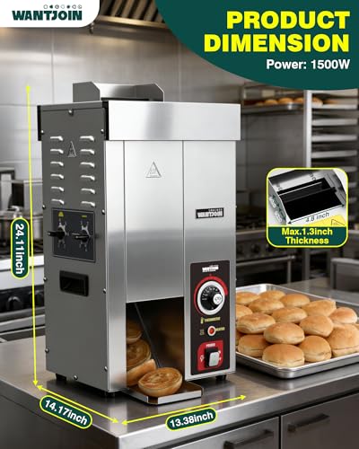 WantJoin Commercial Burger Machine - 1000 Slices/H, Automatic Commercial Conveyor Toaster, Pro EGO Temp Control Vertical Contact, Evenly Heating Adjustable Thickness for Hamburger Bun 1500W