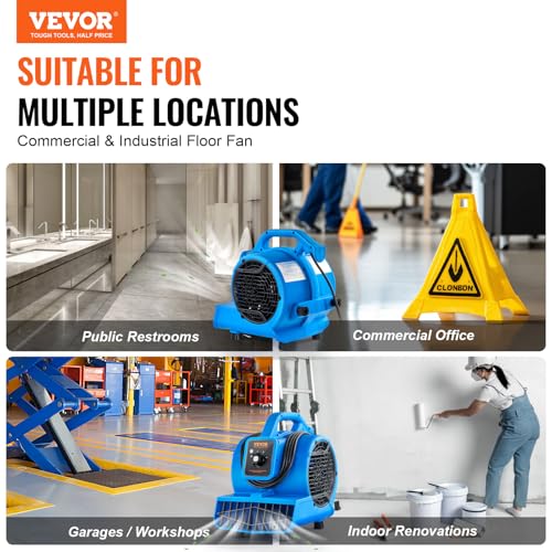VEVOR Floor Blower, 1360 RPM 600 CFM, Air Mover for Drying and Cooling, Portable Carpet Dryer Fan with 4 Blowing Angles,3-Speeds Adjustment, for Janitorial, Home, Plumbing, Commercial Use - size: 600 CFM (3-Speed)