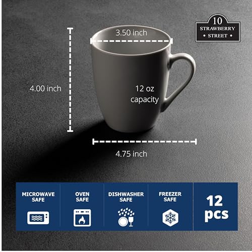 10 Strawberry Street Catering Ceramic 12 oz Coffee Mugs, Round, Set of 12, White - Coffee Cups for Coffee, Tea, Latte and Hot Beverages for Everyday Use, Microwave and Dishwasher Safe - size: 12 Oz. Mug, style: Round