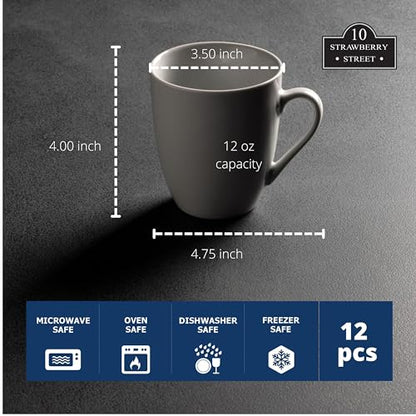 10 Strawberry Street Catering Ceramic 12 oz Coffee Mugs, Round, Set of 12, White - Coffee Cups for Coffee, Tea, Latte and Hot Beverages for Everyday Use, Microwave and Dishwasher Safe - size: 12 Oz. Mug, style: Round