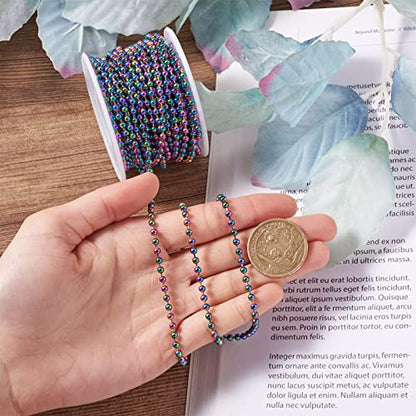 Craftdady Rainbow Steel Ball Bead Chain 32 Feet 3 mm Multicolor Round Beaded Link Cable Chains with Roll Spool for Necklace Choker Bracelet Earring Jewelry Making - color: Multi-Color