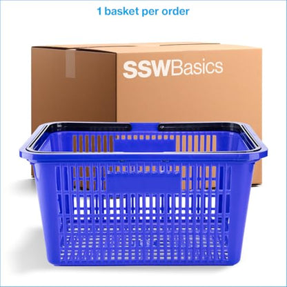 SSWBasics Blue Plastic Shopping Basket with Handles - Essential Shopping Baskets for Retail Store Use, Durable and Convenient Shopping Baskets for Customers
