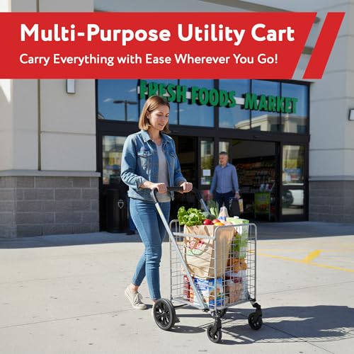 dbest Products Cruiser Cart Deluxe 2 - Foldable Shopping Cart with Wheels & Brake System - Heavy Duty Collapsible Utility Cart for Groceries & Laundry - Holds 100 lbs - Silver, Alloy Steel - color: Silver, style: Deluxe 2