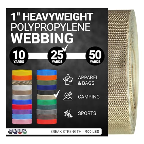 Strapworks Heavyweight Polypropylene Webbing - Heavy Duty Poly Strapping for Outdoor DIY Gear Repair - color: Khaki, size: 1" x 25 yard
