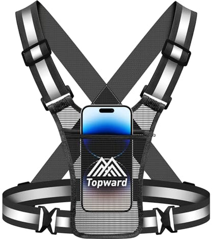 Topward Running Vest Chest Phone Holder for Women Men, Reflective Vest Safety Gear for Dog Walking Cycling - Adjustable Waist/Shoulder - color: Black