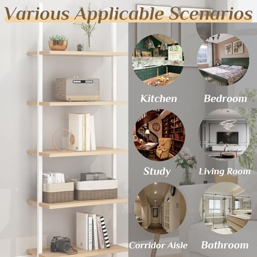 Karl home Oak 5 Tier Wall Mount Ladder Shelf, Metal Frame Open Bookcase - color: Oak