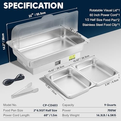 Electric Chafing Dish Buffet Server with Knob Temperature Control - size: 603-Dual Pan