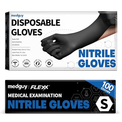 Medguy Flexx® Nitrile Disposable Gloves, 4.2 mil Medical Exam, Black 100 Ct - color: Small (Black)