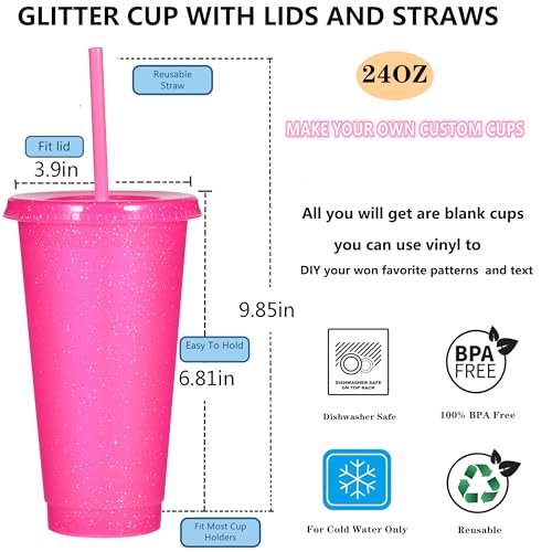 Suertestarry Tumbler with Straw and Lid,Water Bottle Iced Coffee Travel Mug Cup,Reusable Plastic Cups,Perfect for Parties,Birthdays,24oz-5 Pack (Bright Glitter, 5pack) - color: Bright Glitter, size: 5pack