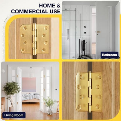 KOLET 4 Inch Gold Ball Bearing Door Hinges Square and 5/8'' Radius 12 Pack - color: Gold, size: 12 Packs