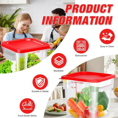 Square Storage Container with Lid, Commercial Box with Measurement Marks & Handle, for Baking, Dough Proofing, Meat Brining, Kitchen Tool(Red, 7.5QT-4PACK) - size: 7.5QT-4PACK