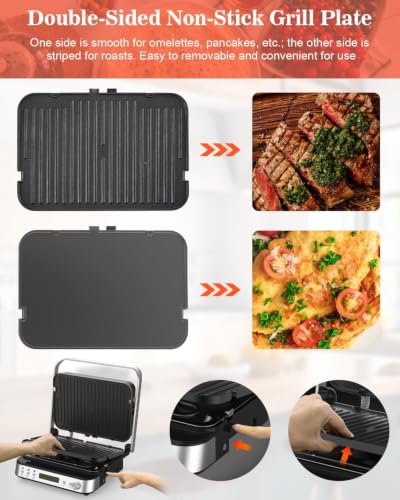 CATTLEMAN 6 in 1 Panini Press Grill with Removable Waffle Plates, 1600W - color: Silver with Waffle Plates