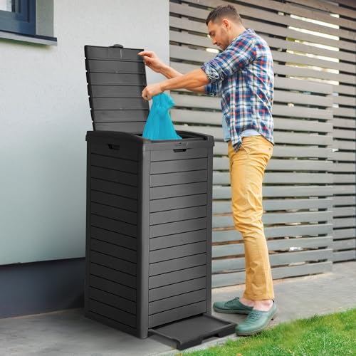 DWVO 38 Gallon Large Outdoor Trash Can, with Lid and Drip Tray, Black - color: Black, size: 38 Gallon