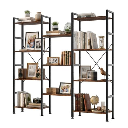 Triple Bookshelf, Free Standing Bookcase with Open Storage Shelves - color: Rustic Brown, size: 11 Tier